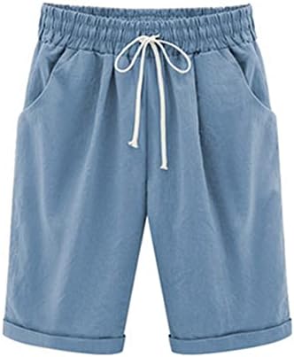Капри панталони за жени плус големина, женски солиден памучен постелнина Бермуда шорцеви летни панталони широки нозе џемпери ситни