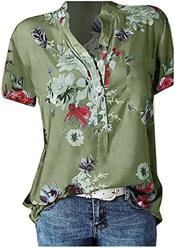 Женски случајни цветни печатени со кратки ракави со кратки ракави на вратот Боемско копче надолу на врвовите на блузата со џебови
