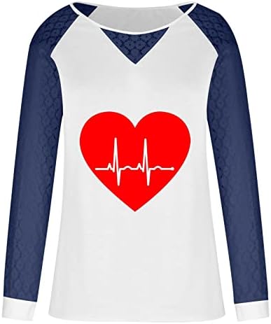 Врвови со долги ракави на жените, чипка, чипка, чипка, случајни лабави блузи, симпатични електрокардиограм срцеви графички маици за ден на