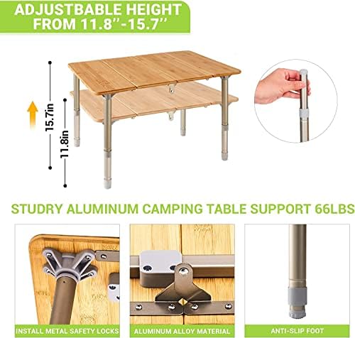 Табела за пикник на маса за кафе Атепа, мала маса за преклопување на бамбус, преносна табела за кампување со прилагодлива висина