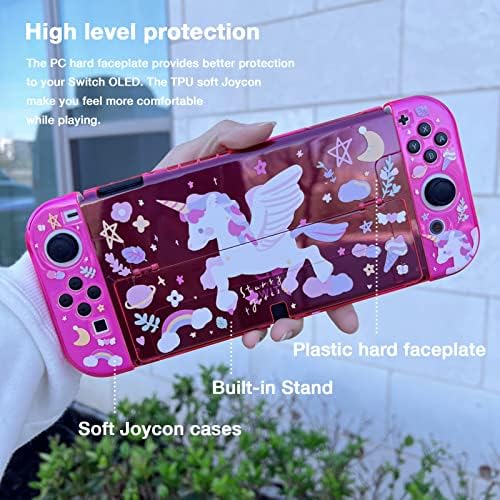 Starвездена шума симпатични заштитни случаи за Nintendo Switch OLED, чиста про transparentирна контрастна боја сјајно розово виолетово докибилно тенок случај на обвивка за обвивк?