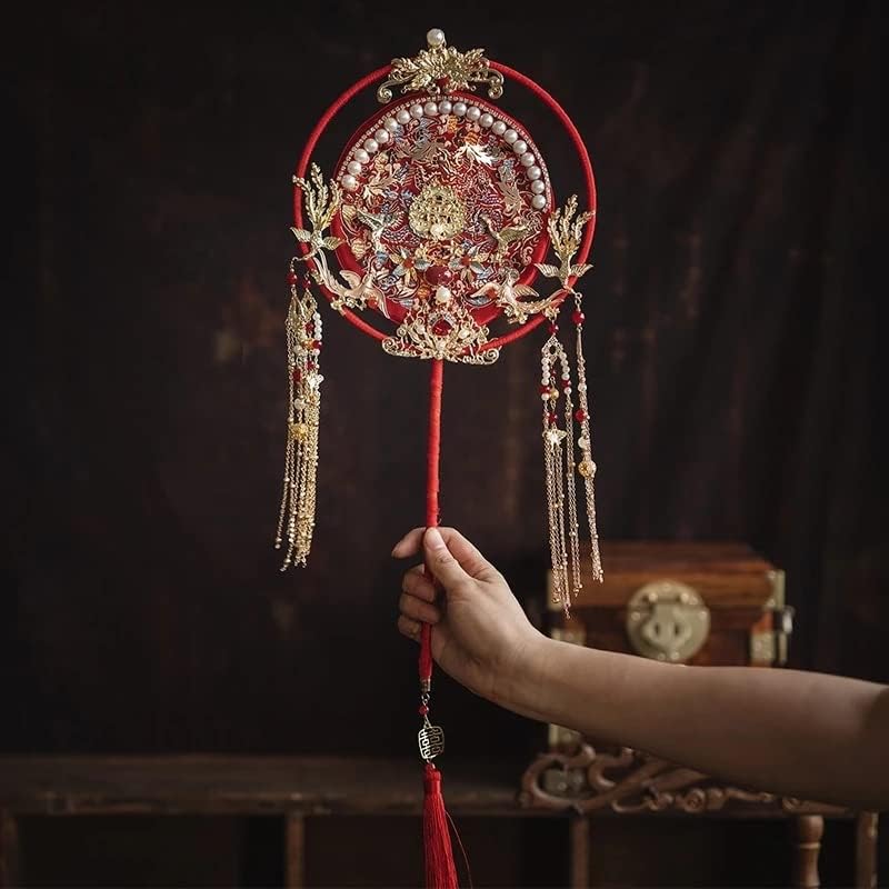 N/A гроздобер кинески вентилатор за невестинска рака која го држи Феникс тркалезни рачно изработени бисери свадбени букети со долга