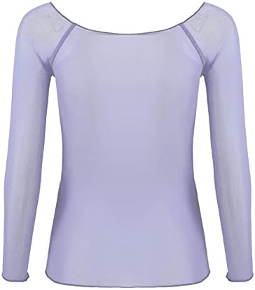 Основни долги ракави на Fldyенски, чиста мрежа за мрежни врвови, видете низ гимнастиката балетски танцувачки врвови на врвот на кошулата мрежа Виолетова X-LARGE