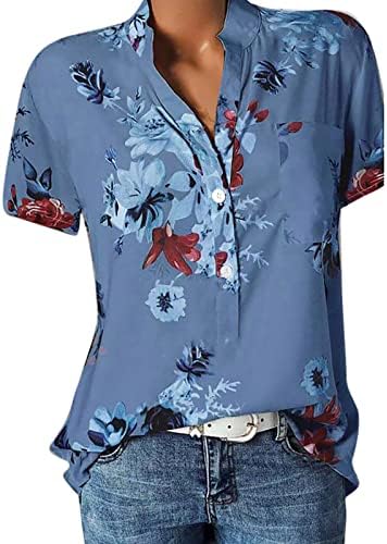 Womenените врвови на копчето до кошула обичен краток ракав ретро V-врат лето преголема маица Хенли Западна облека
