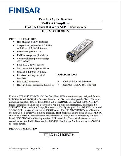 Finisar 163-10g/1g двојна стапка 10км SFP+ Оптички примопредавач FTLX1471D3BCV