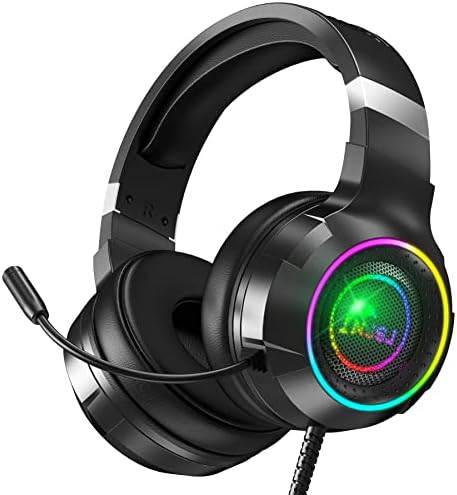 NJSJ Слушалки За Игри Со Микрофон За Компјутер Xbox ЕДЕН PS4 PS5 Поништување На Бучава Преку Слушалки За Уши Со Стерео Опкружувачки Звук, Меки Мемориски Слушалки, RGB Светло