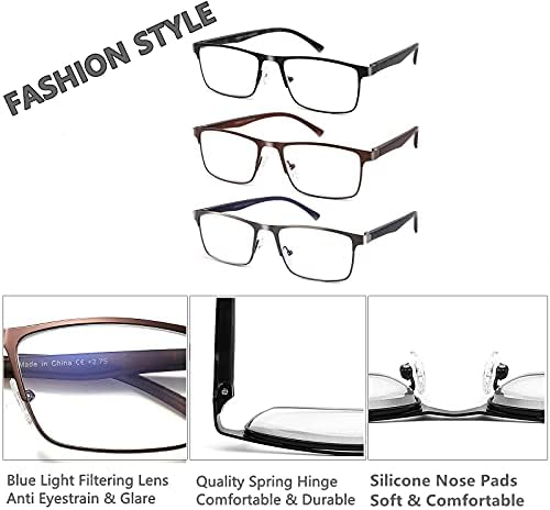 CRGATV очила за читање со 3 пакувања за мажи со сина светлина филтрирање на читатели на метал со целосна рамка Анти УВ/Окото за напојување/сјај