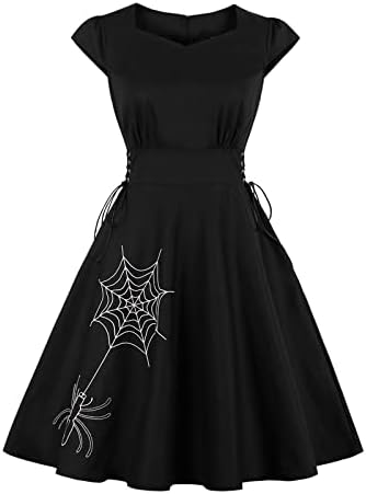 Ноќта на вештерките фустан за жени гроздобер пајак веб -вез ракав ракав занишани фустани 1950 -ти години од коктел фустан во стилот на Хепберн