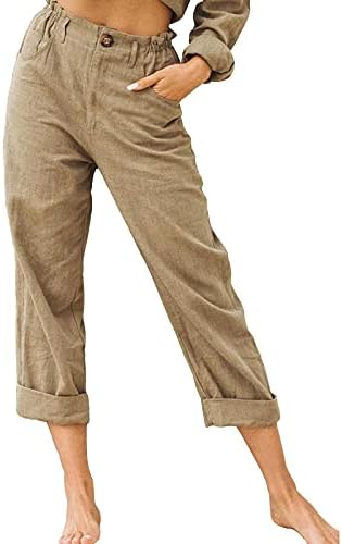 Ксиншид Постелни панталони за жени удобни еластични панталони на плажа на половината со џебови кои се обидоа да дишат права панталони