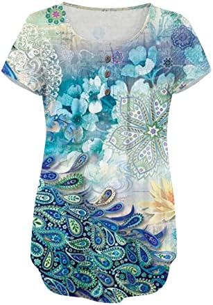 Жените 2023 Летни Врвови Кријат Стомачни Блузи Облечени Обични Копчиња Со Кратки Ракави Надолу Хенли Маица Туника за Хеланки