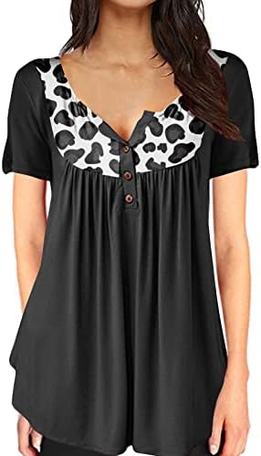 Лабави блузи за жените да го кријат стомакот, симпатично печатено копче V вратот надолу од кратки ракави, облечени летни врвови на летни врвови