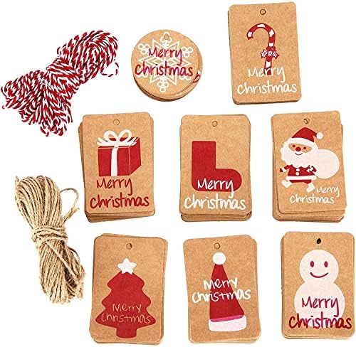 ОЗНАКИ За Божиќни Подароци ОД 160 парчиња Кафеави Крафт Етикети Со Канап од 32,8 стапки, Црвено-Бело Јаже од 32,8 стапки ЗА Самостојни Занаети