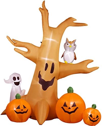 Holllo Star 8 ft Ноќта на вештерките надувување мртво дрво со Ghost & Owl и надувување на дрво со 2 бели духови, надгробни плочи и тиква