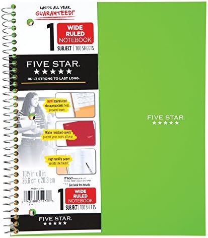 Спирална тетратка со пет starвезди, 1 предмет, широка управувана хартија, 100 листови, 10-1/2 x 8, избрана боја за вас, 1 броење