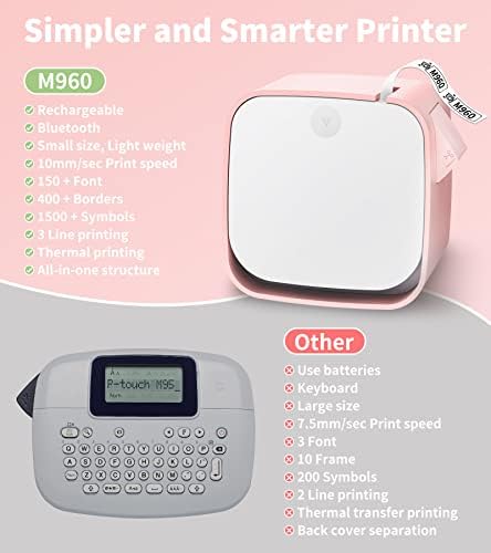Vixic M960 Bluetooth Mini Maker Macher Macher, розова термичка преносна рачна налепница паметен телефон Лесен за употреба печатач