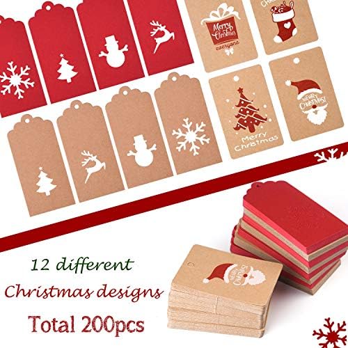 Tuparka 200 компјутери Божиќни хартија ознаки Kraft подароци за подароци висат етикети новогодишна снегулка елк за DIY етикета пакет картичка, 12 стилови