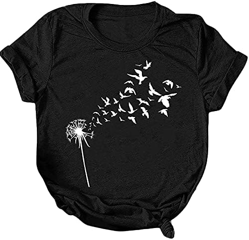 Женски графички маици летни глуварчиња печати основни маички кошули случајни кратки ракави на екипажот на вратот на вратот на врвовите
