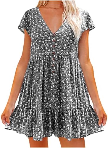 Womenенски шифон фустан есен лето 2023 година краток ракав против вратот цветни графички мини ситнички боемски обичен фустан за девојчиња