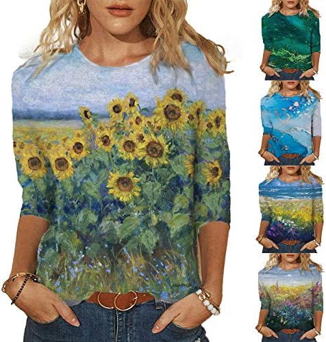 3/4 ракави кошули за жени мода 2022 вратоврска боја цветни графички маички случајно лабава фит блуза лето на врвовите на вратот