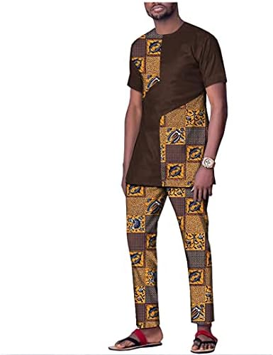Пролет и есенски африкански памук за печатење сет за мажи кратки ракави Топ + панталони со должина на глуждот