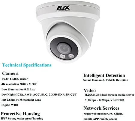 AVX 4K 8MP целосна боја фиксна бедем IP камера на отворено затворен ултрахд надзор безбедност POE камера 3840x2160 IP67 водоотпорен