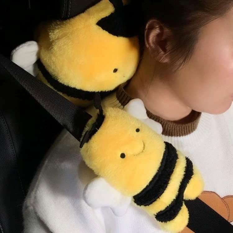 Поддршка за вратот од жолто пчела и сет на капакот на безбедносниот појас, капакот на симпатична пчела рамо, потпирач за глава на автомобили,