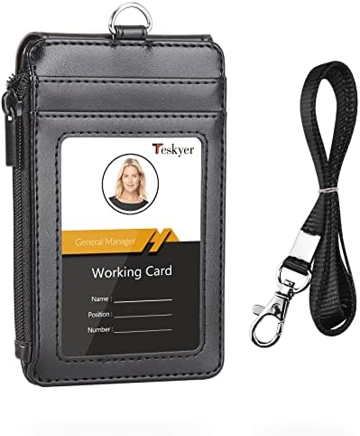Држач на значка Teskyer со страничен поштенски џеб, повеќекратни слотови за картички за кожен држач за лична карта на паричникот