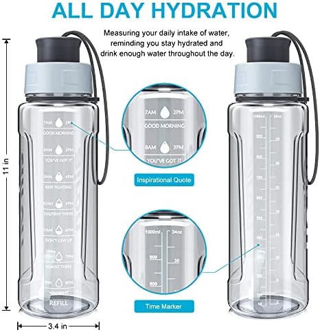 Шише за спортска вода Airon 34oz - Feeppuof & BPA Free Tritan со временски маркер и отстранлива слама за да се осигурате дека пиете