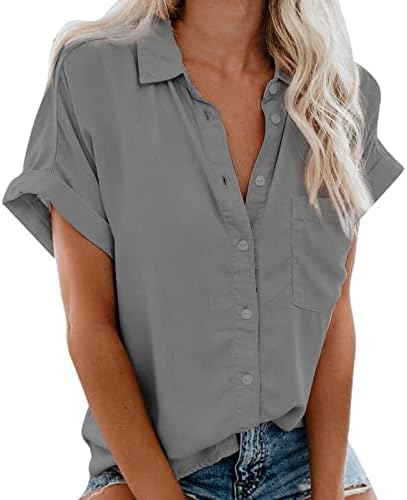 Женски летно копче надолу кошули со кратки ракави за работа со блузи со блузи V вратот лабава обична цврста боја врвови
