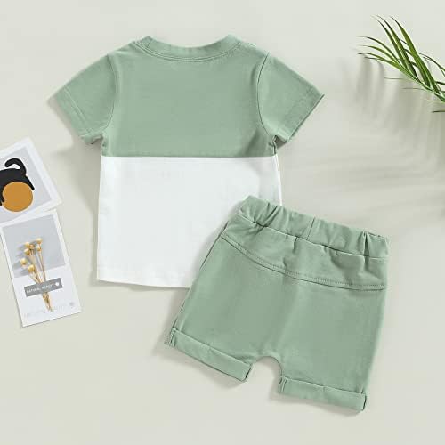 Доенчиња бебешки момчиња летни облеки во боја блок облека поставува кратки маички еластични шарени шорцеви