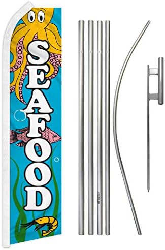 Seafood Swooper Feather Readiting Flag & Pole комплет - Совршен за камиони со храна, фестивали, ресторани