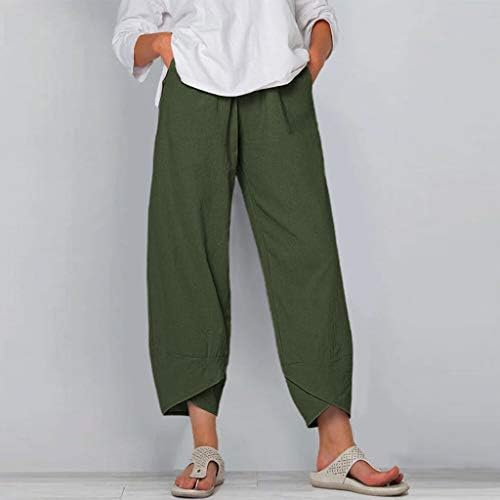 MGBD плус големина капри панталони жени памучни постелнини случајни широки панталони за нозе ретро еластична половината удобна харем палацо пантолона со џебови