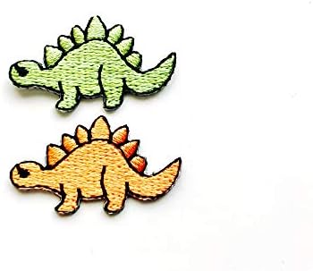 Сет од 2 мали. Mini Stegosaurus диносаурус портокалова зелена диносаурус слатки закрпи за лого на цртани филмови шијат железо на извезена