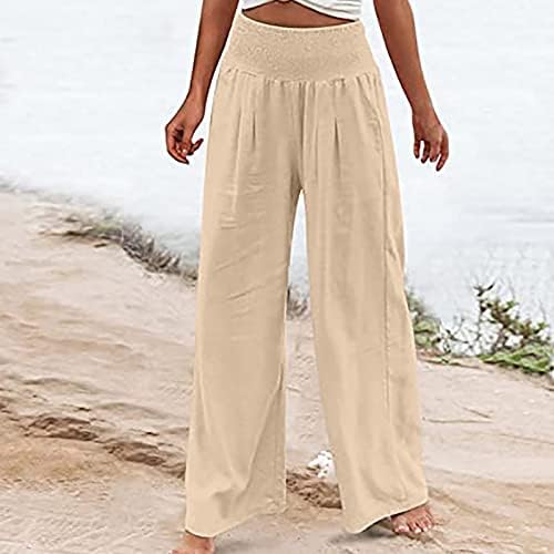 Lcepcy широко нозе плетени панталони жени високи половини лабави обични панталони удобни лесни летни плочки на плажа со џебови