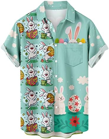 Машки смешни кошули на Велигденски маички со џебови Симпатична зајак печати кратки ракави врвови на хавајски влезови одмори од празница