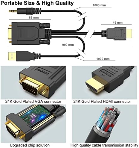 Benfei HDMI до VGA, позлатен HDMI до VGA 3 стапки кабел со моќност и аудио компатибилен за компјутер, десктоп, лаптоп, компјутер,