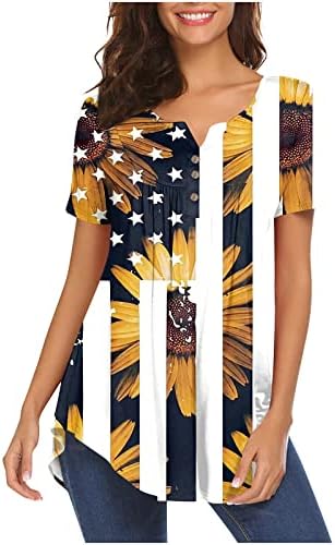Пимоксв 4 -ти јули Хенли блузи за жени фустани обични празнични тунични врвови, скријте го стомакот селанец САД Патриотска кошула