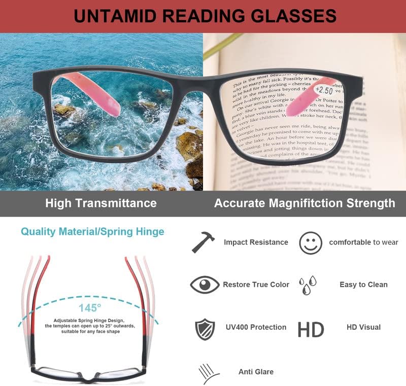 UNTAMID 3 Пакет Очила За Читање Сина Светлина Блокирање За Мажи Жени, Правоаголни Рамка Компјутерски Читачи Со Пролет Шарка АНТИ Отсјај Ув Зраци Филтер Очила +2.0