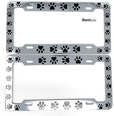 Рамка за регистарска табличка за печатење на црни шепи за печатење, мачка за миленичиња кучиња, сет од 2 со 2 парчиња 3Д хромирани кучиња