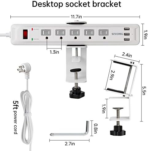Siyomg Desk Mount Clamp Power Strip, отстранлива лента за напојување со 5 продажни места и 3 USB порти, излез за десктоп за заштита на