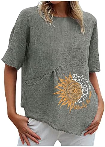 Nokmopo гроздобер маички мода 2023 година со кратки ракави памук и ленен обичен печатен маица врвови блуза