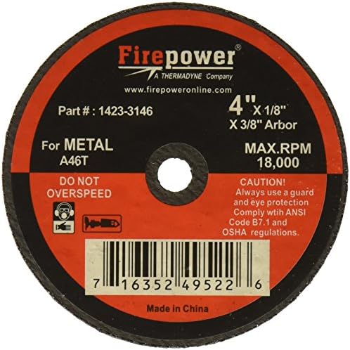 Firepower 1423-3146 Абразивно пресечно тркало од типот 1 за метал, дијаметар од 4 инчи, ширина од 1/8-инчи со дупка од 3/8-инчи