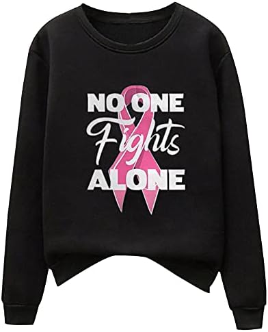 Розова лента за рак на дојка за рак на дојка за жени, графички маици за надеж и поддршка на необични врвови за џемпери со долг ракав