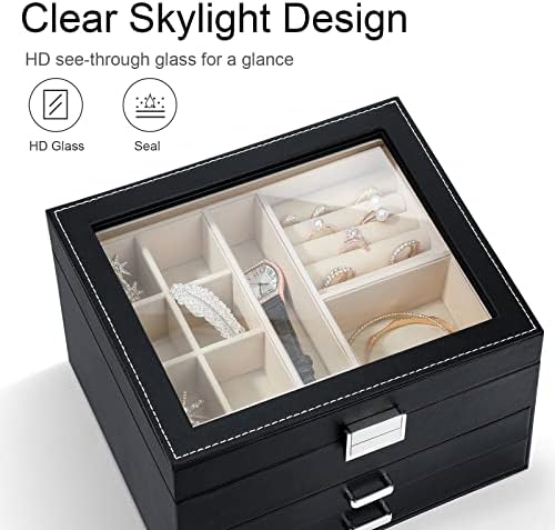 Vigleивотна кутија V-lafuylife со стаклен капак, 3-ниво со 2 фиоки големи организатор на накит случај, обилен простор за складирање