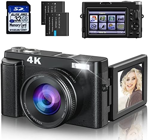 4K дигитална камера со SD картичка [AutoFocus & Anti-S-S-S-S-S-Shake] 48MP Видео камера за фотографирање на почетници во врска со YouTube, 16x зумирање 180 ° Флип екран Компактна патувачка ка