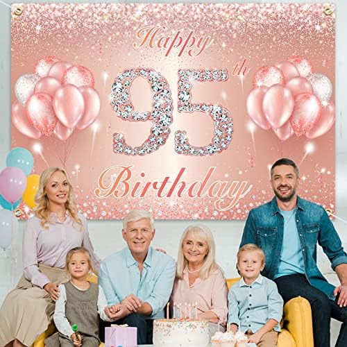 Среќен 95 -ти роденденски банер за позадина - 95 Декорации за роденденска забава за жени или мажи - розово злато 4 x 6ft
