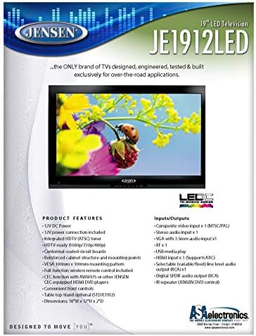 Jensen JE1912LEDWM HD Подготвени 19 Инчен 12V DC RV LED ТВ Со Интегриран HDTV Тјунер, 1366 x 768 Целосна HD, Двојна Функција Безжичен Далечински