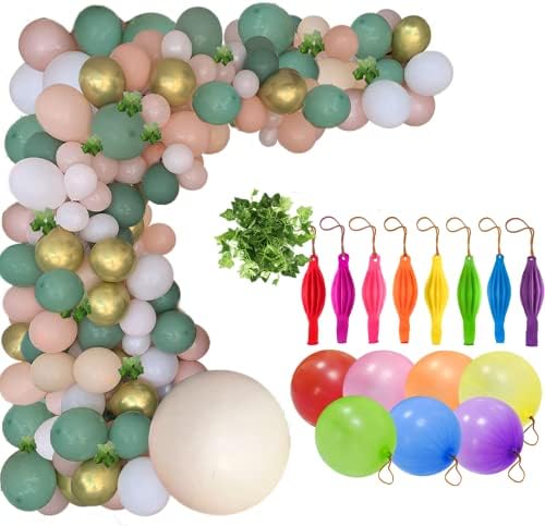 Julliz 148PCS Sage Olive Green Peach Bluss Pink Balloon Grand Arch Компче со лисја од бршлен ， и julliz 48 парчиња балони за пробивање на балони за забави во боја, балони за пробивање на отскокнување