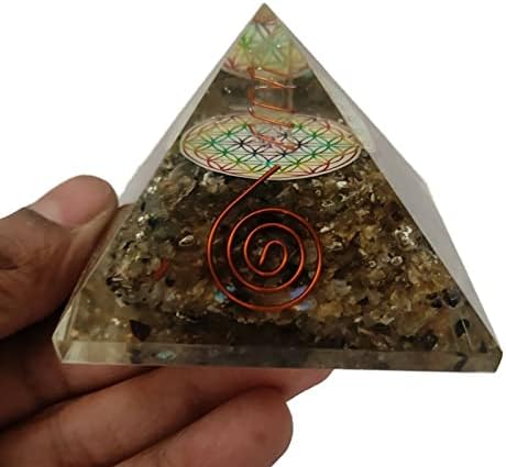 Sharvgun Orgonite Pyramid Labradorite Gemstone Flower of Life Orgone Pyramid негативна заштита на енергија 65-70 mm, Etra голема пирамида со 4 кристали за заздравување, балансирање на чакра, подарок за Реи?