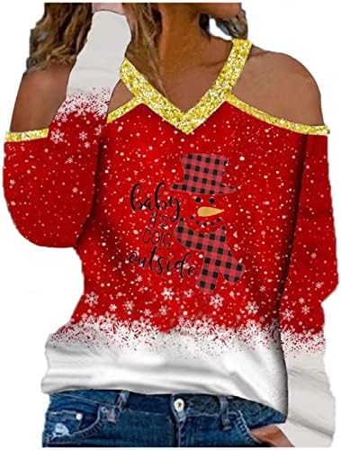 Божиќна маичка со долги ракави со V-врат за жени Симпатична смешна боја блокада на блузи блузи врвови